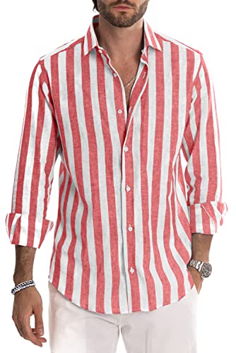 JMIERR Men's Old Money Aesthetic Cotton Linen Shirts Casual Stylish Long Sleeve Button-Up Vertical Striped Dress Shirts Summer Beach Shirt for Men,US 46(XL),Red and White Stripe