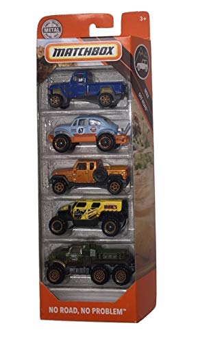 Matchbox 2019 MBX No Road, No Problem 5-Pack (Jeep Willys 4x4, Volkswagen Beetle 4x4, Jeep Gladiator, GHE-O Rescue, Road Mauler)