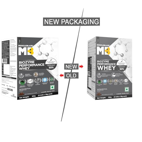 MuscleBlaze Biozyme Performance Whey Protein Powder 5 Sachet Travel Pack, Rich Chocolate (5x36g) | 25g Protein Per Scoop | Clinically Tested 50% Higher Protein Absorption