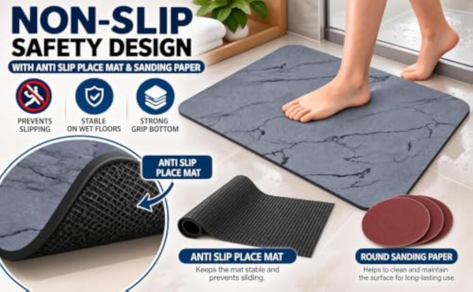 Diatomaceous Earth Stone Bath Mat, Super Absorbent