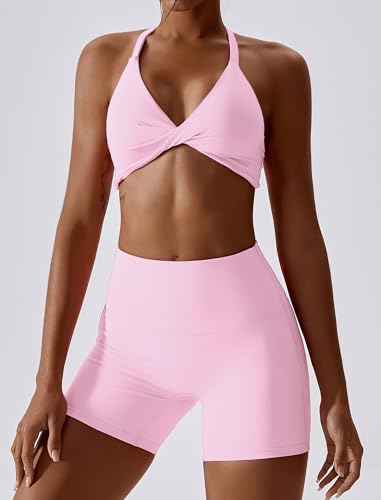 ABOCIW Workout Sets for Women 2 Piece Twist Front Halter Sports Bras High Waist Biker Shorts Exercise Gym Yoga Outfit3