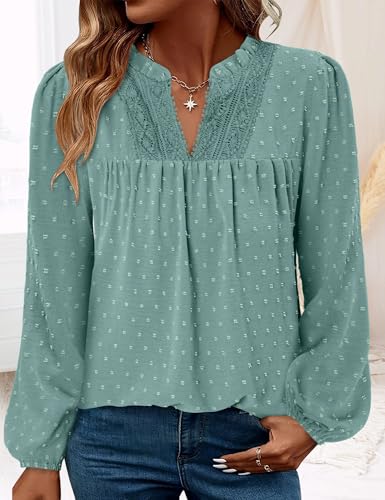 BETTE BOUTIK Women Boho Long Sleeve Shirts Dressy Casual V Neck Fall Fashion Tops Swiss Dot Flowy Blouses