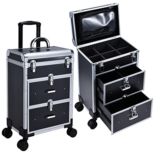 Valise Maquillage Professional Malette Maquillage Malette Onglerie Valise Coiffure de Voyage Trolley Esthetique pour Maquillage/Ongles/Cheveux, Noir