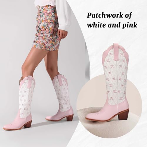 Image of Lace Up Cowboy Boots for Women Embroidered Wide Calf Cowgirl Boots Comfortable Chunky Heel Pointed Toe Trendy Western Shoes for Prom Music Festival