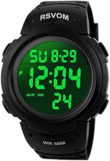 RSVOM Herren Digital Quarz Uhren mit Schwarz Silikon Armband 50M Wasserdicht Big Face Sport Armbanduhr mit Wecker Stoppuhr mit LED-Hintergrundbeleuchtung Digitaluhren für Männer