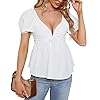 Blooming-Jelly-Womens-Cute-Tops-Peplum-Puff-Sleeve-Going-Out-V-Neck-Sexy-Tops-Backless-Ruffle-Hem-V-Wire-Zip-Blouse Blooming Jelly Womens Cute Tops Peplum Backless Puff Sleeve Trendy Blouses Ruffle Hem V Neck Sexy Tops (Small, White)