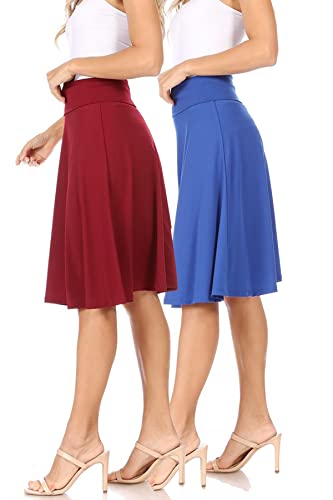 FashionJOA Women's 2 Pack Solid High Waist Flare A-line Midi Skirt with Elastic Waistband