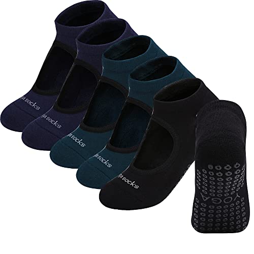 POKEAT 3Pair Women Yoga Socks with Grips High Elasticity Anti Slip Sock Slippers for Pilates Barre Ballet Sport Home Workouts,Setb