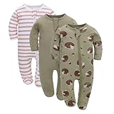 LAT 3 Pcs Baby Sleep and Play Pajamas,100% Organic Cotton Infant Girls Boys One-Piece Footies Romper Newborn Sleepwear Outfits,zipper design(Green Hedgehog,9-12Months)