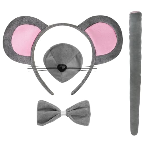 Tihebax 4Pcs Rat Costume Mouse Costume Mouse Ears Headbands Set Tail Nose and Bow Tie for Women Men Rat Ears Headband (Grey)