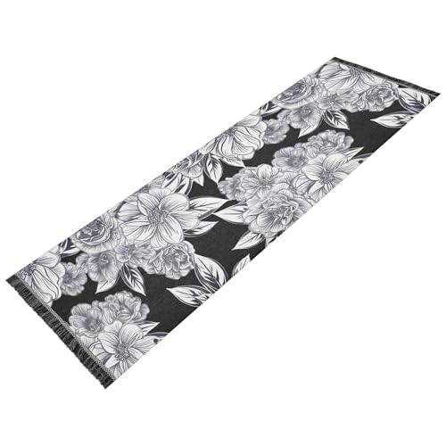 Flowers Lines Elegant Black Runner Rug for Hallways Kitchen Rugs Washable Rug for Living Room Entryway Floors 72 * 23.5 in