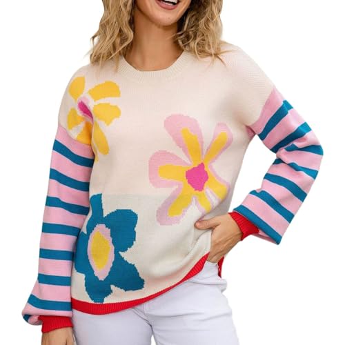 Sweaters for Women Floral Pullover Crew Neck Long Sleeve Trendy Fall Tops - image 1