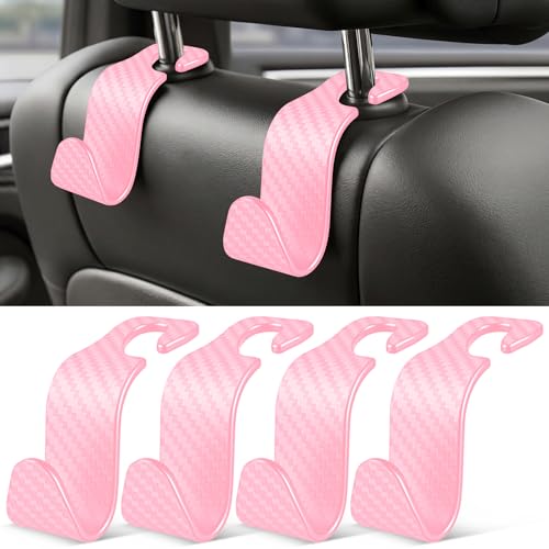 Image of SINGARO Universal 4 Pack Car Seat Headrest Purse Hook, Carbon Fiber Back Seat Hook Storage Organizer Hanger for Purse Handbag Coat, Car Interior Accessories(Pink)