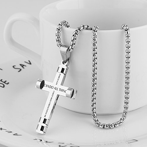 Image of HZMAN Philippians 4:13 Cross Pendant STRENGTH Bible Verse Stainless Steel Necklace 3 Colors Available