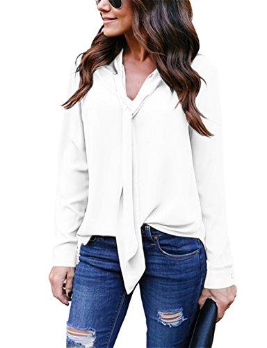 Yidarton Women's Cuffed Long Sleeve Casual V Neck Chiffon Blouses Tops with Tie(Cream White,XXL)