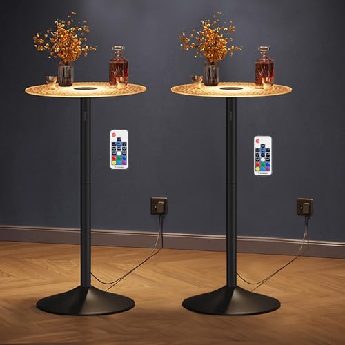 Image of VASAGLE Bar Table Set of 2, Round Cocktail Tables with Multi-Colored Lights and Glass Tops, Large Steel Base, 41.3 Inches Tall Pub Tables for Kitchen, Bistro, Parties, Cloud White and Ink Black