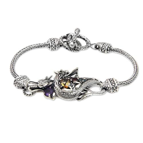 NOVICA Artisan Handcrafted Multigemstone Pendant Bracelet Silver Dragon Sterling Amethyst Blue Topaz Citrine Garnet Multicolor Chain Indonesia Animal Themed Birthstone [7.5 in min L x 8 in max L 3 M]