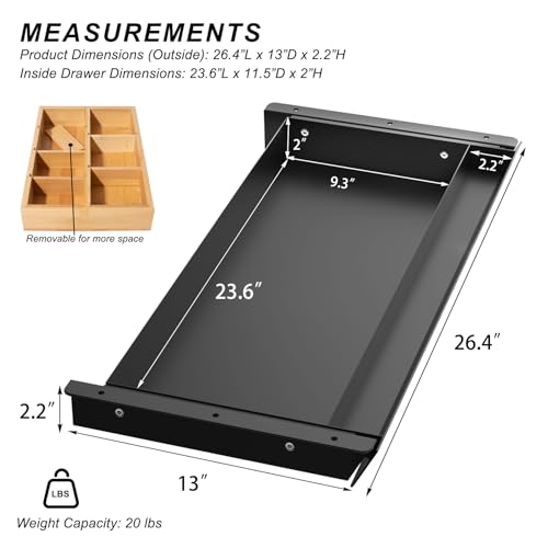 Image of Large Under Desk Mounted Sliding Drawer with Bamboo Tray and 60 Degree Tilt Panel to Pull Out, 26'' Long & 13'' deep Large Storage Organizer for Sit Stand Workstation