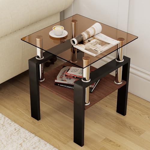 Image of Meihua Glass End Table, Square Glass Side Table, 2-Tier Modern Nightstand with Metal Legs for Living Room&Bedroom (Brown+Brown, Set of 2)