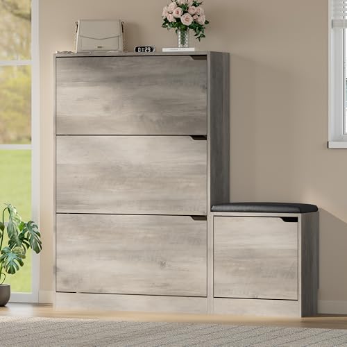 Image of BORNOON Shoe Cabinet with Bench and 3 Flip Drawers, Slim Narrow Shoe Storage Cabinet, Freestanding Shoe Rack Organizer with Adjustable & Removable Shelves, Anti-Tip for Entryway, Hallway, Foyer