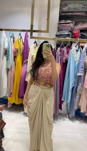 Image of Women Indo Western Dhoti Set with Blouse and Shrug Sequins Embroidery Bandhani Print Ethnic Wear