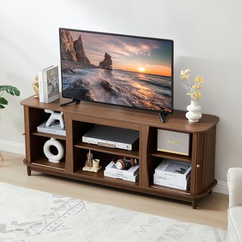 Image of TV Stand, Fluted Media Console Table with Storage and Sliding Door, Farmhouse Entertainment Center for Living Room, Home Office (Walnut-No Fireplace)