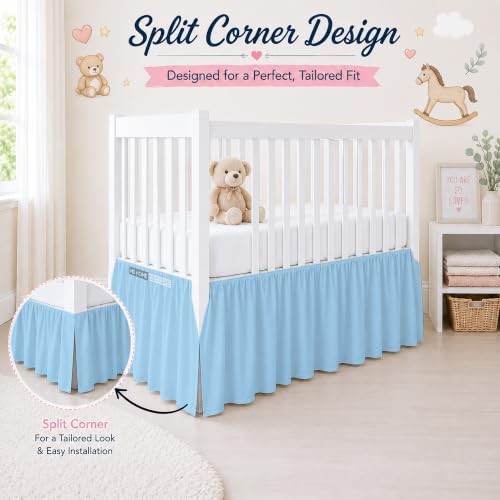 Image of Cotton Crib Bed Skirt Dust Ruffle with Split Corners, 14 inch Drop, Light Blue | Nursery Standard Crib Bedding Bed Skirt for Baby Boys and Baby Girls. Hides Under-Crib Storage for a Neat Appearance