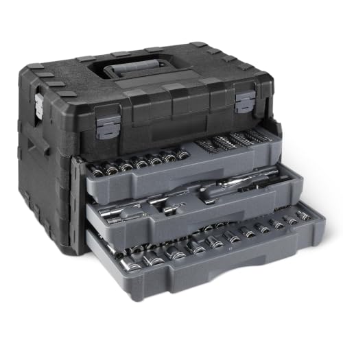 Image of Amazon Basics 287-Piece Mechanic Socket Set with Quick-Release Ratchets, Wrenches, Bits, 1 /4 inch 3 /8 inch 1 /2 inch, Metric and SAE, 3-Drawer Case, for Auto and Machine Repairs