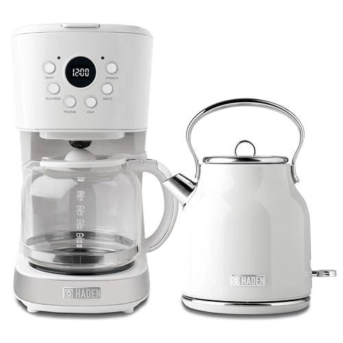 HADEN Coffee Machine, 12 Cup Drip Coffee Maker Bundled with Heritage 1.7 Liter Stainless Steel Electric Kettle, Ivory & Chrome