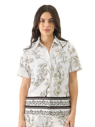 Image of The Souled Store Gardenia Women and Girls Short Sleeve Collared Neck White All Over Print Button Down Oversized Shirts