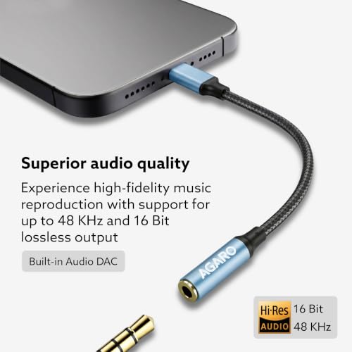 Image of AGARO Type-C to 3.5mm Aux Female Converter with Built-in DAC, Hi-Res Durable Audio Adapter, Supports Mic & Calls, Compatible with iPhone 15 & above, Mobile, Laptops, Plug & Play USB-C to AUX Adapter