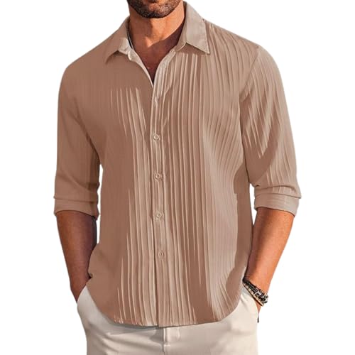 Image of DEELMO Men's Button Down Dress Shirts Textured Long Sleeve Casual Hawaiian Beach Shirt