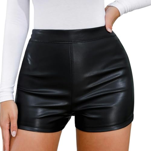 Nuevos Pantalones Cortos de Cuero para Mujer, Pantalones Cortos Ajustados de PU, Pantalones Cortos de Cintura Alta - Negro - S