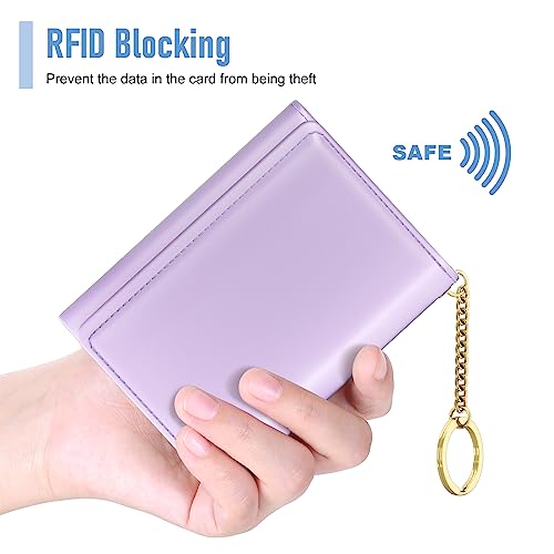 Image of Rouidr Womens Wallet, Small Slim RFID Card Wallets for Women, Cute Front Pocket Trifold Leather Card Organizer with 7 Slots & ID Window, Purple