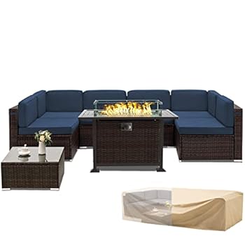 Alternative view of UDPATIO 8 Piece Patio Furniture Sets with Fire Pit Table, Rattan Outdoor Patio Furniture Sofa Sectional w/Gas Fire Pit, Coffee Table, 2 Waterproof Covers,for Patio Back Deck, Balcany, Poolside,Navy