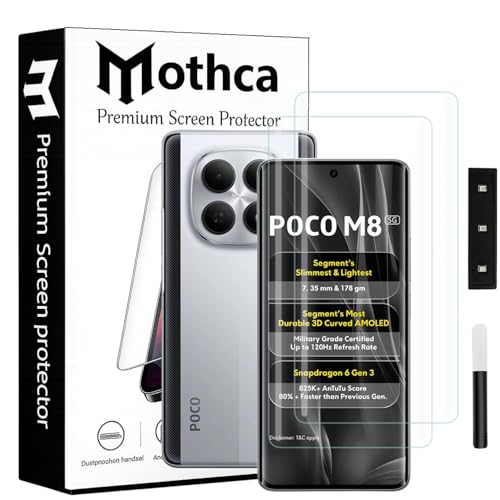 Image of Mothca Curved UV Tempered Glass Screen Protector for Poco M8 5G | Transparent | Pack of 2 | Borderless Full Screen Coverage with UV Installation Kit