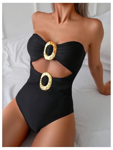 Milumia Women's Metal Ring One Piece Swimsuit Cut Out Strapless Bandeau Bathing Suits3