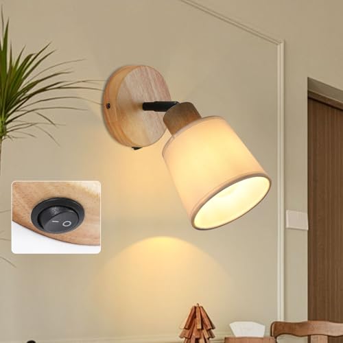 Winverty Lámpara de Pared con Interruptor, Madera Aplique Pared Vintage Interior con Pantalla de Tela Blanca, Luz Mesita Noche Pared Giratoria E27 para Dormitorio Sala de Estar Pasillo, Sin Bombilla
