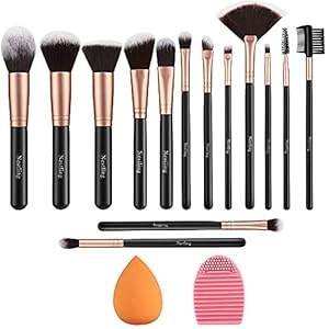 Makeup Brushes Rose Golden 14 Pcs Makeup Brush Set with 2 Powder Puffs Premium Synthetic Kabuki Brushes for Foundation…