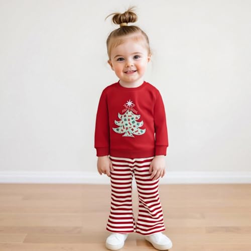Toddler Baby Girl Christmas Outfit Bow Christmas Tree Embroidery Long Sleeve Sweatshirt Flared Pants Set Xmas Clothes2