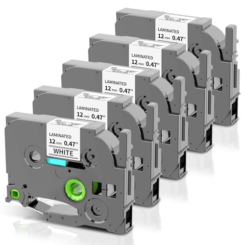 TZe TZ Tape 12mm 0.47 Laminated White, Replacement for Brother P Touch Label Tape TZe-231 TZe231 Label Maker Refills, Compatible with Brother PT-D220 D210 H110 D400 D410 D600 D610BT, 12mm x 8m, 5-Pack