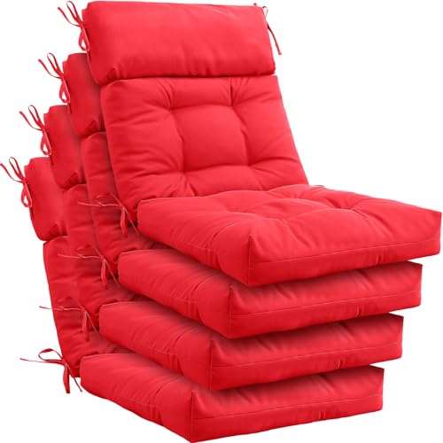 Barydat 4 Pack High Back Chair Cushion Indoor Outdoor Tufted Seat and Back Chair Rocking Pads Lounge Porch Seat Cushion with Ties for Patio Furniture 43.4 x 21 x 3.3 Inch (Red)
