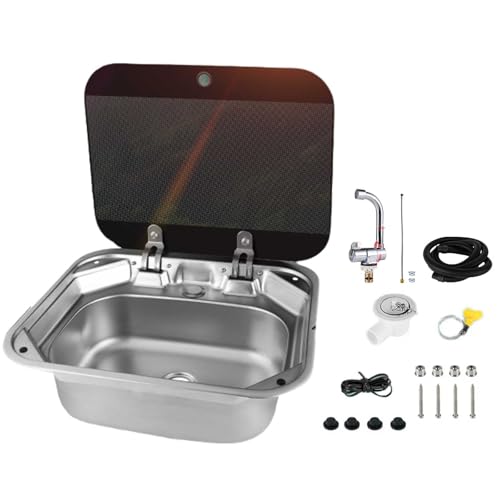 qingshenyi 小型 RV用シンク ステンレスシンク 折りたたみ式蛇口と蓋付きキャンピングカー キット アクセサリー バー用 耐久性 (シンク + ?冷水蛇口)