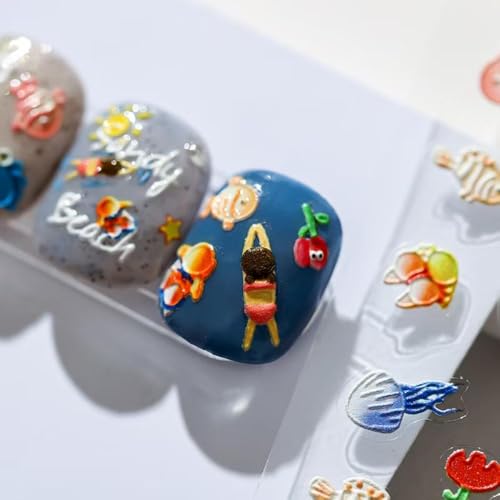Image of 5D Embossed Summer Nail Stickers Colorful Cartoon Nail Art Decals Fish Crab Nail Stickers for Nail Art Self Adhesive Cute Swimming Design Manicure Supplies Charm for Women DIY Decorations Accessories
