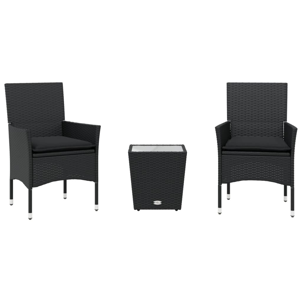 Set da 3 pezzi con cuscini neri in polyrattan e vetro per balcone, giardino o terrazza con cuscini imbottiti spessi e rivestimenti sfoderabili.