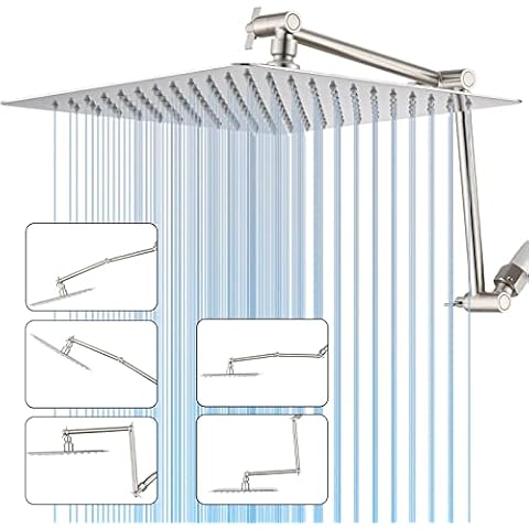 PDPBath 12" Rain Shower Head with 16" Upgrade Flexible Extension Arm, 304 Stainless Steel High Pressure Rainfall Showerhead, All Metal Square Waterfall Showerhead with Extender - Brushed Nickel Cover