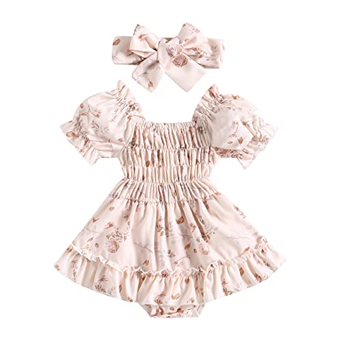 Image of FYBITBO Newborn Baby Girl Romper Dress Floral Short Sleeve Ruched Jumpsuit Ruffle Bodysuit Headband Infant Summer Outfits
