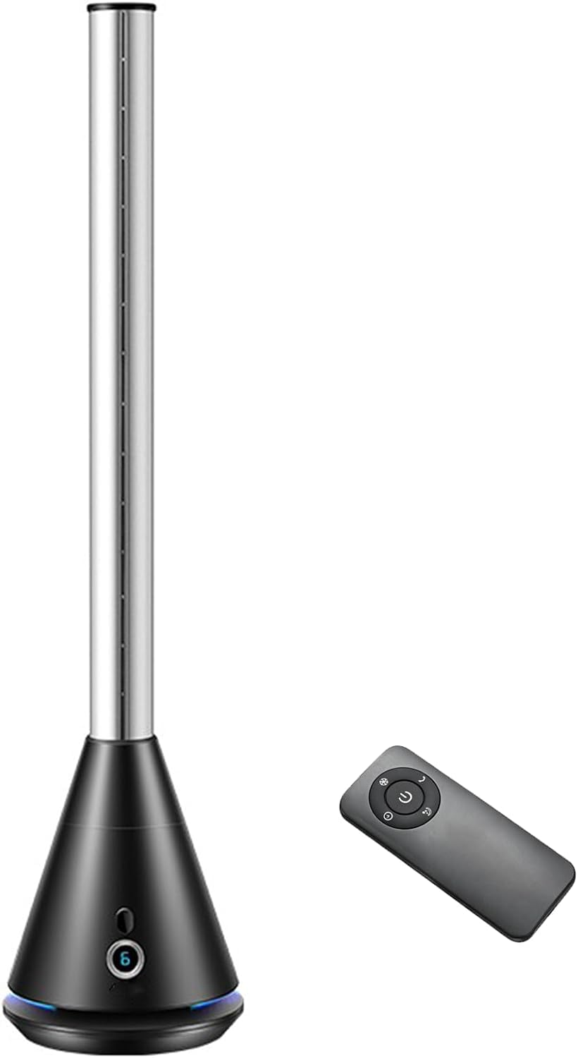 Ventilador de torre sin cuchilla, ahorro de energía de 30W y ventilador con control remoto.11 velocidades y 3 M, temporizador 8H, 80 swing, ultra silencioso 35dB para el dormitorio y el uso en el hoga