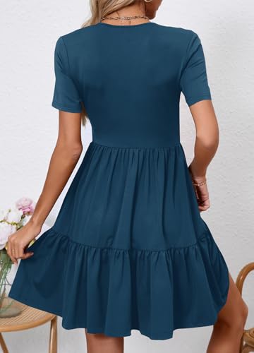 Image of Women's Casual Summer Dress V Neck Short Sleeve Flowy Stretchy Comfort Fit for Daily Wear Work Midi Dresses