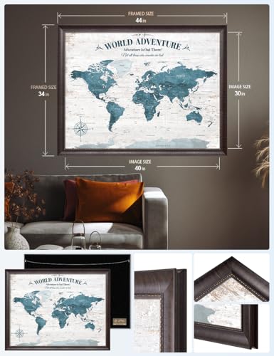 Image of IPIC - Large Personalized World Map Canvas Wall Art, Push Pin Travel Map with Custom Names to Track Your Travels, Vintage Teal Framed Wall Decor for Home, Office or RV, Made in USA